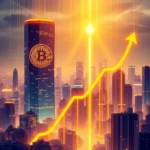 Żółta linia wykresu giełdowego z ikoną Bitcoina na wieżowcu i ikoną Ethereum w tle na tle miasta oświetlonego wschodzącym słońcem.