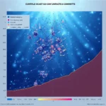 Grafika przedstawia skomplikowaną, trójwymiarową sieć węzłów i połączeń na tle głębokiego, granatowego oceanu, rozjaśnionego promieniami światła. Węzły sieci są przedstawione jako błyszczące kule, niektóre większe i bardziej skupione w centralnej części, a inne mniejsze i bardziej rozproszone. Kolory węzłów i linii łączących je są zróżnicowane, z przewagą odcieni niebieskiego, różowego i żółtego, co tworzy efekt fluorescencji. W lewym dolnym rogu znajduje się legenda w postaci prostokątnej ramki z białym tłem i czarnym tekstem, zawierająca listy kolorowych kwadracików i odpowiadających im opisów w języku angielskim: "Enctanal recorgirits", "Core develessiment", "Eystealts", "Deellinu ecoyment", "Conalline Blog commit". W dolnej części obrazka znajduje się oś pozioma z zaznaczonymi wartościami liczbowymi: "075", "100 m", "980", "2500", "1950", a dalej paleta kolorów przechodząca od niebieskiego przez żółty do różowego z zaznaczoną wartością "0" i liczbami "4100", "200", "400", "235", "250 pm", "6.50". Pod tą osią, przy samym dole obrazka, widoczny jest tekst: "Crassron 22320 evelprealplog: Poy Cirply Cucrently 2019". Po prawej stronie dolnej osi, również na samym dole, jest tekst: "Holp Ve bollermedce engccents". W tle, na dole obrazka, znajduje się obszar wypełniony ciemniejszym odcieniem fioletu i brązu, tworzący łagodny łuk, który unosi się w górę w kierunku centralnej części grafiki. Całość sprawia wrażenie złożonej struktury danych lub wizualizacji sieci powiązań.