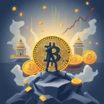 Ilustracja symbolizująca kryptowaluty: Duży, złoty symbol Bitcoina z widniejącym na nim schematem elektronicznym dominuje w centralnej części obrazu. Na tle znajdują się dwie żółte budowle przypominające budynki rządowe z kopułami, a nad nimi wznosi się czerwona, rosnąca linia wykresu. Wokół dużego symbolu Bitcoina ułożone są mniejsze, również złote monety z tym symbolem. Całość przedstawia krajobraz górski, na którym stoi samotna postać w garniturze, symbolizując jego znaczenie lub decyzyjność w świecie kryptowalut, gdzie wszystko wydaje się być na skale. W tle, na ciemnym niebie, unosi się wiele złotych monet z symbolem Bitcoina, symbolizując obfitość i dostępność tej wirtualnej waluty.