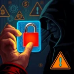 Ilustracja symbolizująca bezpieczeństwo kryptowalut, z zakutym na kłódkę symbolem Bitcoina i złowieszczą postacią w kapturze po prawej stronie, szepczącą sekrety, otoczoną symbolami ostrzegawczymi i znakami dolara.