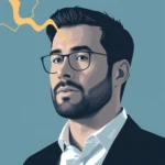 Ilustracja stylizowana na portret: zbliżenie na twarz mężczyzny w okularach, z zarostem, ubranego w białą koszulę i czarną marynarkę. Nad jego głową widoczny stylizowany na błyskawicę żółty element.