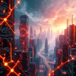 Sieć neuronowa świecąca na pomarańczowo oplata futurystyczne miasto nocą, z neonowymi światłami i zawiłymi drogami w tle.