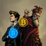 Ilustracja w stylu komiksowym, przedstawiająca dwóch mężczyzn stojących plecami do siebie i symbolizujących Bitcoina. Po lewej stronie młody mężczyzna w czarnym garniturze, trzymający w ręku niebieski, świecący symbol Bitcoina. Po prawej stronie starszy mężczyzna z długą siwą brodą, ubrany w czerwony szatę i ozdobną czapkę, trzymający w ręku złoty symbol Bitcoina.