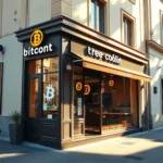 Elegancki lokal gastronomiczny "bitcont" z logo Bitcoin i neonem "tree coolirt", usytuowany na kamienistej ulicy oświetlonej słońcem.