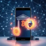 Grafika przedstawiająca smartfon z ikonami Bitcoina i Ethereum na tle połączeń sieciowych.