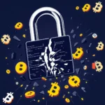 Ilustracja przedstawia rozbite na kawałki zabezpieczenie w postaci kłódki, z której wypadają liczne symbole waluty Bitcoin. Kłódka jest ciemna, z wyszczerbioną, białą środkową częścią, sugerującą uszkodzenie. Wokół niej fruwają połamane fragmenty kłódki i monety z logo Bitcoin w kolorze złotym i białym, a także kilka monet z niebieskim symbolem waluty. Tło jest ciemnoniebieskie, podkreślające dynamizm sceny.