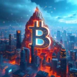 Góra z symbolami Bitcoina i wykresami finansowymi nad miastem nocą.