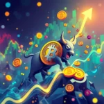 Byk z symbolem Bitcoin na piersi na tle wykresu finansowego ze złotymi monetami i rosnącą strzałką.