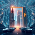 Cyberpunkowy krajobraz miejski z futurystycznymi drapaczami chmur i świecącymi obwodami drukowanymi, z symbolem Bitcoina widocznym na jednym z budynków. Na pierwszym planie widać szereg nowoczesnych samochodów, które zdają się poruszać po drodze.
