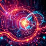 Obraz przedstawia futurystyczną wizję sztucznej inteligencji, gdzie neonowe linie w odcieniach czerwieni i niebieskiego tworzą skomplikowane obwody elektroniczne. Centralnie umieszczona jest przezroczysta, geometryczna głowa w profilu, emanująca światłem, otoczona przez wirujące kręgi. Praca ta symbolizuje połączenie ludzkiej inteligencji z zaawansowaną technologią.
