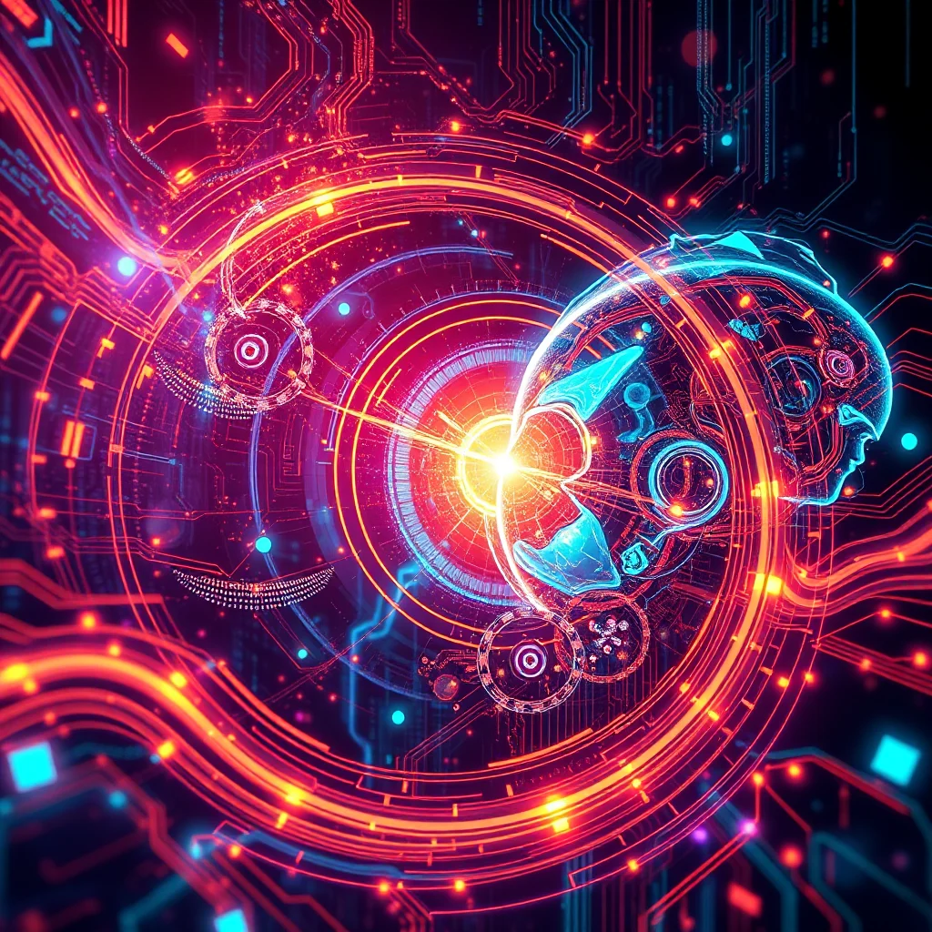 Obraz przedstawia futurystyczną wizję sztucznej inteligencji, gdzie neonowe linie w odcieniach czerwieni i niebieskiego tworzą skomplikowane obwody elektroniczne. Centralnie umieszczona jest przezroczysta, geometryczna głowa w profilu, emanująca światłem, otoczona przez wirujące kręgi. Praca ta symbolizuje połączenie ludzkiej inteligencji z zaawansowaną technologią.