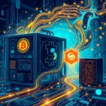 Cyfrowy obraz przedstawiający blockchain i kryptowaluty, z widocznym dużym komputerem z logo Bitcoina, połączonym przez abstrakcyjne, energetyczne linie z innymi elementami cyfrowymi, sugerujący przepływ danych i mocy obliczeniowej w świecie kryptowalut.