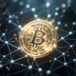 Złota moneta Bitcoin z symbolem "B" otoczona siecią połączonych punktów i linii na ciemnym tle.