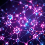 Cyfrowa sieć połączonych ze sobą węzłów w kolorach fioletowym, niebieskim i różowym, z widocznymi ikonami symbolizującymi kryptowaluty i technologię blockchain, takimi jak Bitcoin i "smart contracts".
