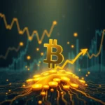 Złoty symbol Bitcoina na górze złotych monet i świecącej ścieżki obwodu, z wykresami finansowymi w tle i złotą strzałką wskazującą w górę, symbolizującą wzrost.