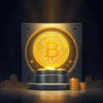 Złoty Bitcoin na piedestale z grafikami budynków i monet.