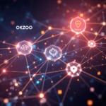 Sieć blockchain z sześciokątnymi ikonami i tekstem "OKZOO".