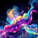 Obraz przedstawia abstrakcyjną, kolorową falę z elementami sieci neuronowej i symbolem Bitcoina, sugerującą cyfrową przyszłość i połączenie technologiczne.