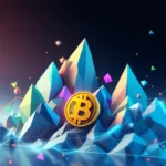 Złota moneta z symbolem Bitcoin leży na polymorphicznych, krystalicznych górach o różnych odcieniach niebieskiego, żółtego i fioletowego, oświetlonych liniami świetlnymi i otoczonych mniejszymi wielobarwnymi kryształami.
