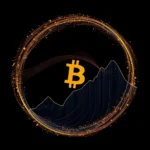 Ilustracja z symbolem Bitcoin i wykresem na czarnym tle, otoczona okręgiem ze złotymi i pomarańczowymi włóknami i iskrami.