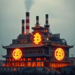 Fabryka z chińską architekturą i neonowymi logo Bitcoina.