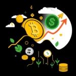 Ilustracja przedstawia koncepcję wzrostu finansowego i inwestycji w kryptowaluty, z elementami graficznymi symbolizującymi Bitcoin, dolara amerykańskiego i rosnący wykres.