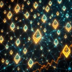 Siatka połączonych neonowych symboli Ethereum o świecącym żółto-zielonym blasku na czarnym tle.