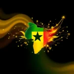 Grafika przedstawiająca kontur Afryki z nałożoną flagą Senegalu, otoczona świecącymi liniami i kulkami w technologicznym stylu, z rosnącą strzałką wskazującą w górę.
