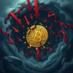 Złoty symbol Bitcoina otoczony przez liczne czerwone strzałki spadkowe, symbolizujące krach na rynku kryptowalut, na tle wzburzonego, ciemnego oceanu z widocznymi wielorybami.