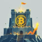 Forteca z symbolem Bitcoina i rosnącym wykresem.