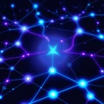 Abstrakcyjny, technologiczny wzór z neonowymi niebieskimi i fioletowymi liniami łączącymi świetliste kropki na ciemnym tle.