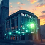 Nowoczesny budynek oświetlony neonami z napisem "Nssdaq" i logo "TRX" na tle zachodzącego słońca.