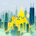 Ilustracja przedstawiająca miejski krajobraz z wieżowcami, symbolami Bitcoina (B), symbolem dolara ($) i symbolami Ripple (X).