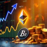Obraz przedstawia rosnący wykres giełdowy z niebieską strzałką wskazującą na wzrost, symbol Ethereum otoczony blaskiem i sterty złotych monet, w tym jedną z logo "Br".