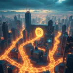 Ujęcie z lotu ptaka na nocne miasto z futurystyczną architekturą, oświetlone neonowymi liniami energii, które oplatają budynki, prowadząc do ogromnej, świecącej na złoto ikony Bitcoina umieszczonej na szczycie jednego z wieżowców.