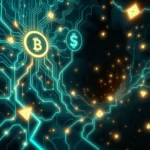 Obraz przedstawia schemat obwodów drukowanych z neonowymi liniami w kolorze cyjanu i złotymi symbolami Bitcoina i dolara. W tle znajduje się wirujący tunel wypełniony liczbami i złotymi obiektami przypominającymi piramidy.