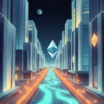 Nocny krajobraz cyberpunkowego miasta z dużymi budynkami i drogą w kształcie obwodu drukowanego, z symbolem Ethereum wiszącym w powietrzu.