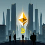 Siluety ludzi na tle nowoczesnego miasta z symbolami Ethereum i Bitcoin.