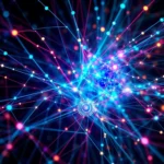 Cyfrowe przedstawienie sieci neuronowej lub połączeń danych z neonowymi liniami i kulkami w odcieniach niebieskiego i różowego na czarnym tle.