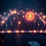 Grafika przedstawia symbol Bitcoina otoczony świecącą siecią połączeń na ciemnym tle, symbolizującą kryptowaluty i cyfrową gospodarkę.