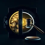 Złoty sejf z otwartymi drzwiami, w którym widać stos monet z symbolem Bitcoina i symbolem dolara, a także pojedynczy symbol Bitcoina po prawej stronie. Obok sejfu znajduje się młotek sędziowski.