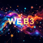 Napis "WEB3" w kolorze złotym na tle abstrakcyjnego, kolorowego, cyfrowego świata z podświetlonymi liniami i węzłami.