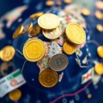 Złote i srebrne monety z symbolem Bitcoina leżą na globusie, symbolizując cyfrową walutę i jej globalny zasięg.