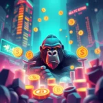 Stylizowany na styl retro-futurystyczny goryl siedzi na tle miasta zdominowanego przez neony i wieżowce, otoczony przez góry złotych monet z symbolem Bitcoina oraz dolarów.