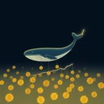 Ilustracja przedstawia niebieskiego wieloryba wiszącego nad morzem złotych monet z symbolem "B", symbolizującym bitcoin. Wieloryb jest połączony cienkimi liniami z kilkoma monetami, które wiszą nad rosnącą linią wykresu.