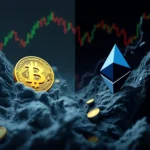 Bitcoin i Ethereum na tle wykresów giełdowych.