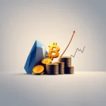 Grafika przedstawiająca złoty symbol Bitcoina, stosy złotych monet oraz niebieski, geometryczny obiekt, na tle wykresu ze wznoszącą się czerwoną strzałką.