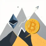 Grafika przedstawia wschód słońca nad górami z ikonami Bitcoina i Ethereum.
