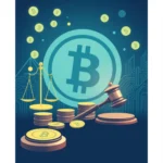 Ilustracja symbolizująca prawo w świecie kryptowalut z ikoną Bitcoina w tle, wagą sprawiedliwości, stosem monet oraz młotkiem sędziowskim.