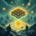 Dwóch mężczyzn stoi na skalistym szczycie góry i patrzy na duży, świecący, geometryczny obiekt z wieloma połączeniami i symbolami Bitcoina.